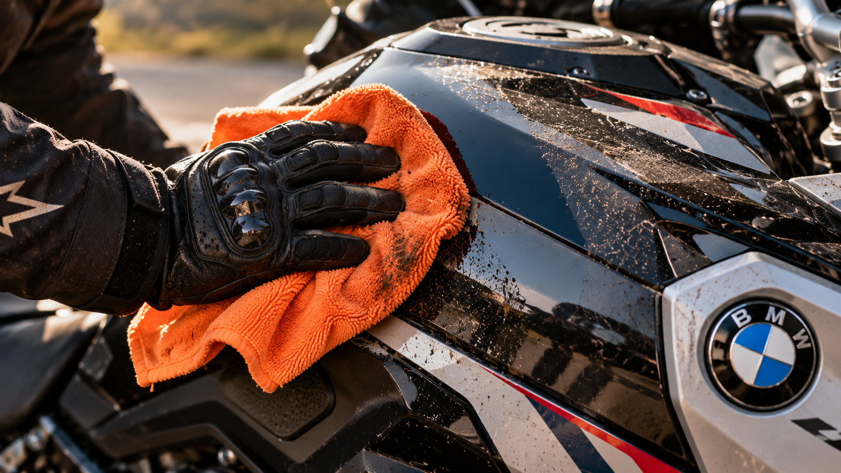 Motard utilisant une microfibre pour nettoyer sa moto