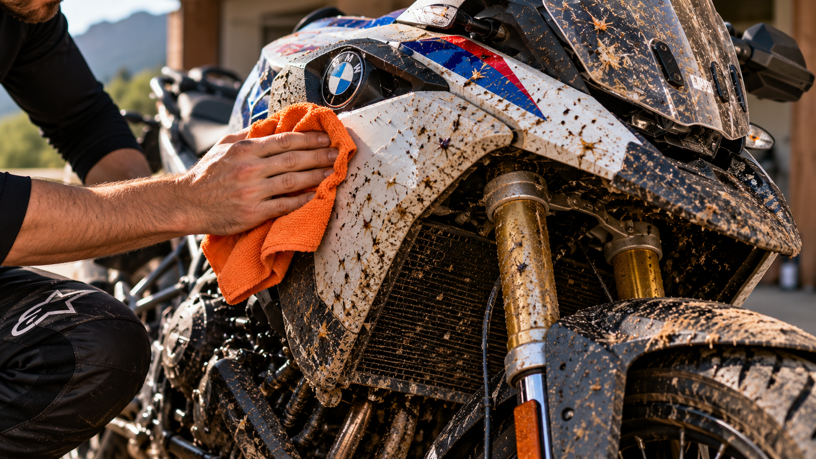 Motard nettoyant sa moto après une balade